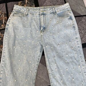 SHEIN Light Blue Pearl Studded Straight Leg Jeans